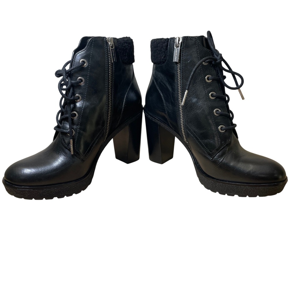 Michael Kors Womens Black Leather Lace Up Shearling Trim Block Heel Boots 8.5M